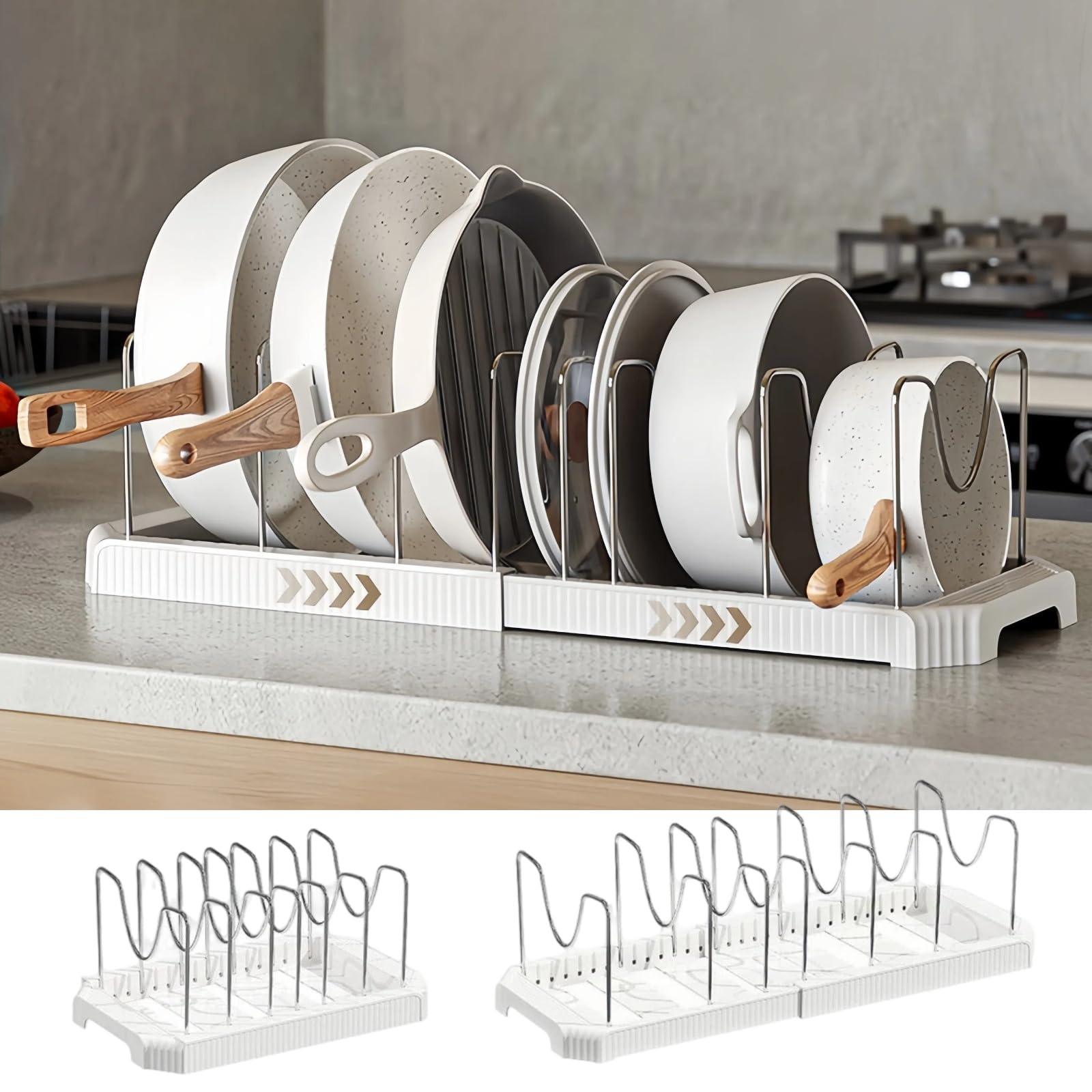 Silanit Expandable Pot and Pan Organizer Rack for Kitchen Cabinet or Under Sink, Adjustable Lid Holder with 7 Dividers, Space-Saving Storage for Renters, Small Homes, and Busy Cooks, White