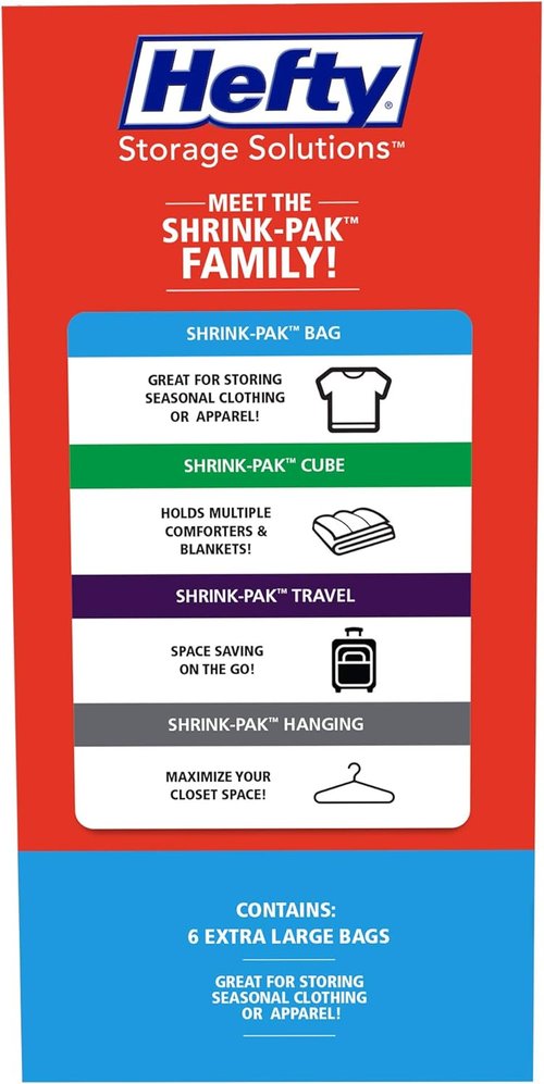 Hefty Shrink-Pak | Extra Large Vacuum Seal Storage Bags - Space Saver for Clothing & Blankets (6 Pack)