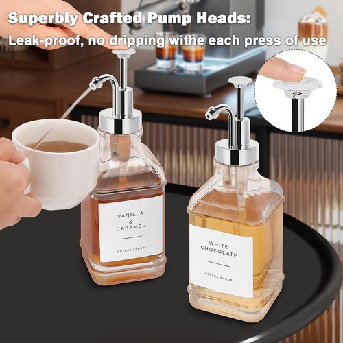 Coffee Syrup Dispenser Set by [Brand Name] - Clear Glass Bottles with Pump | 500ml, Chrome Finish for Coffee Bar