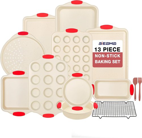 BIEAMA Nonstick Baking Pans Set - 13-Piece BPA-Free Carbon Steel Bakeware - Stackable Cream Design
