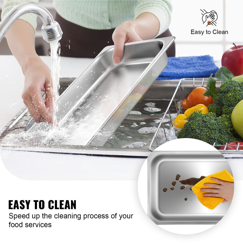 VEVOR Hotel Pans Full Size 2.5 Inch Deep, Steam Table Pans 6 Pack,0.8mm Thick Stainless Steel Hotel Pan Anti Jam Steam Table Pan, for Home, Party, Restaurant, Hotel, Buffet