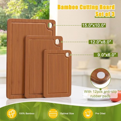 Homaxy Bamboo Cutting Board Set - 3 Wooden Boards with Non-Slip Mats & Deep Juice Groove | Ideal for Meat, Fruits & Vegetables