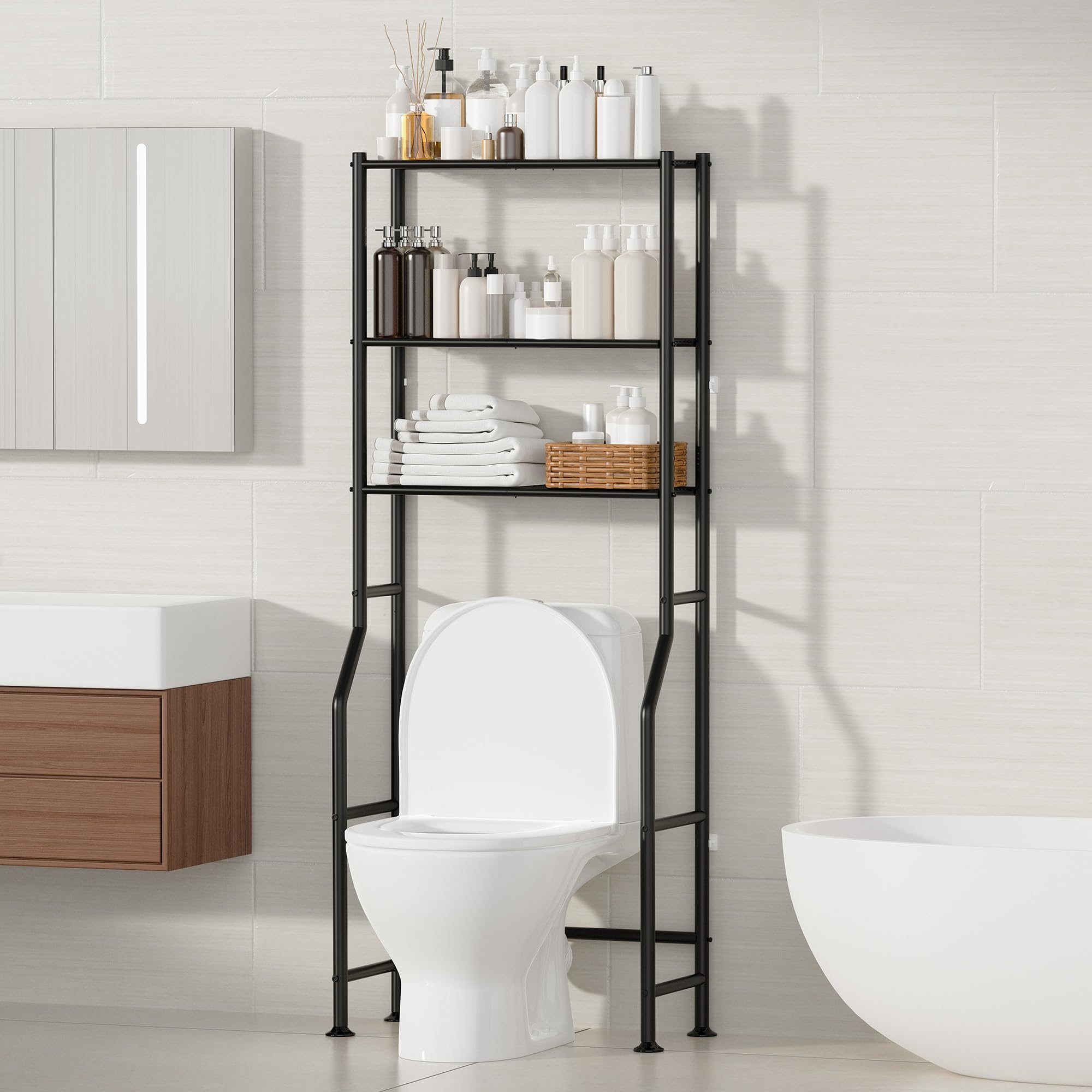 ASCENREST 3-Tier Over The Toilet Storage, Freestanding Metal Bathroom Shelves, Space Saver Above The Over Toilet Storage Shelf for Bathroom (Black)