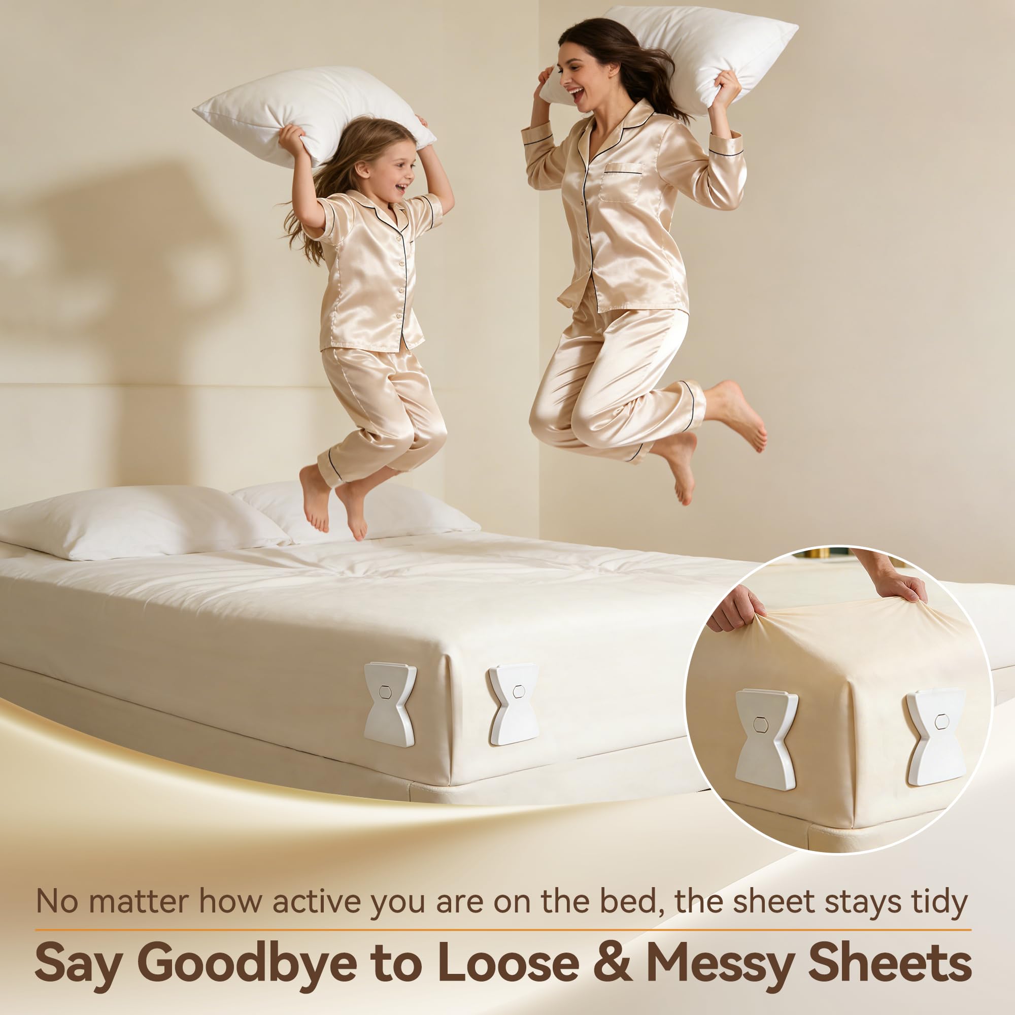 QWUE Bed Sheet Holders for Corners, Upgrade Dual-side Locks Keep Firm & Tight, Lock Sheets Holders, Non-slip Sheets Grippers, Heavy Duty Bed Sheet Clips Fits All Mattress Sizes Easy Install