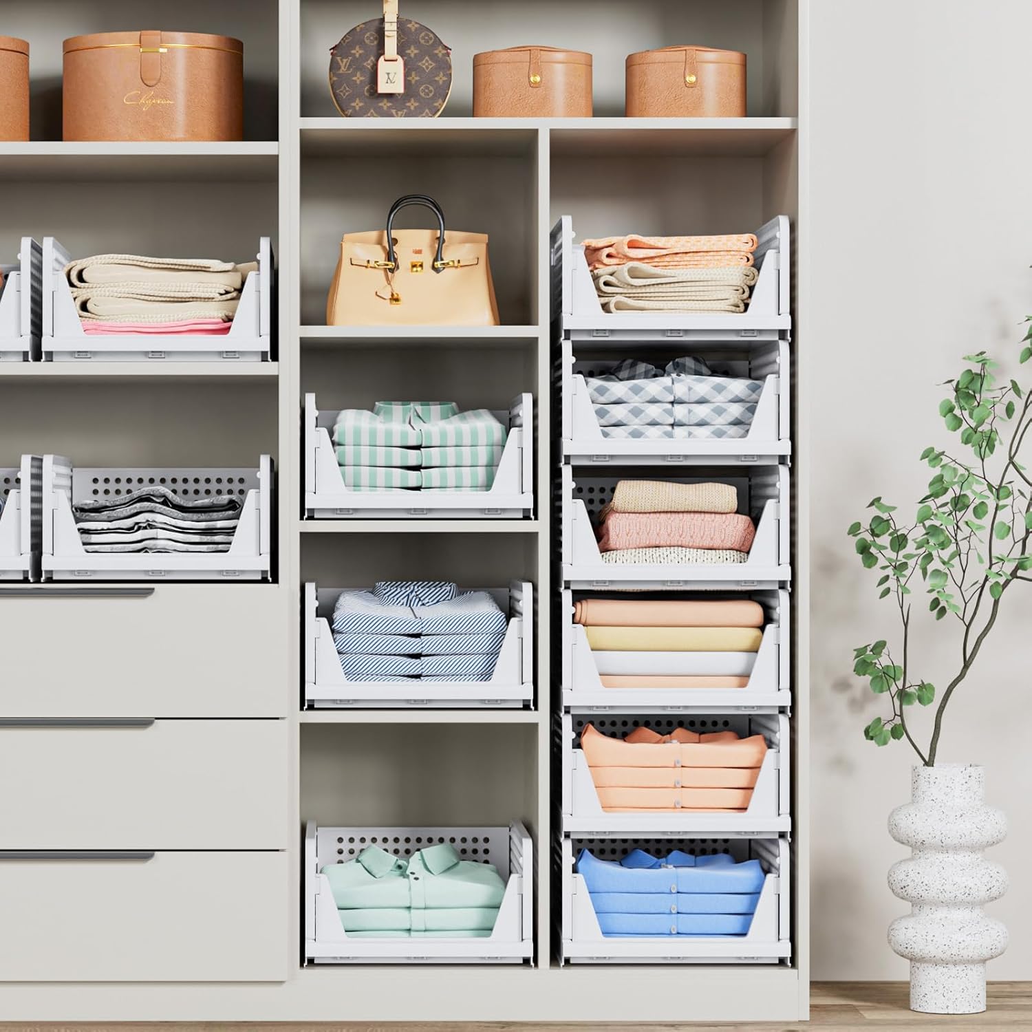 Stackable Closet Storage Baskets by [Brand Name] - Multifunctional & Foldable Organizers | Waterproof, Space-Saving Design, White - 5 Pack