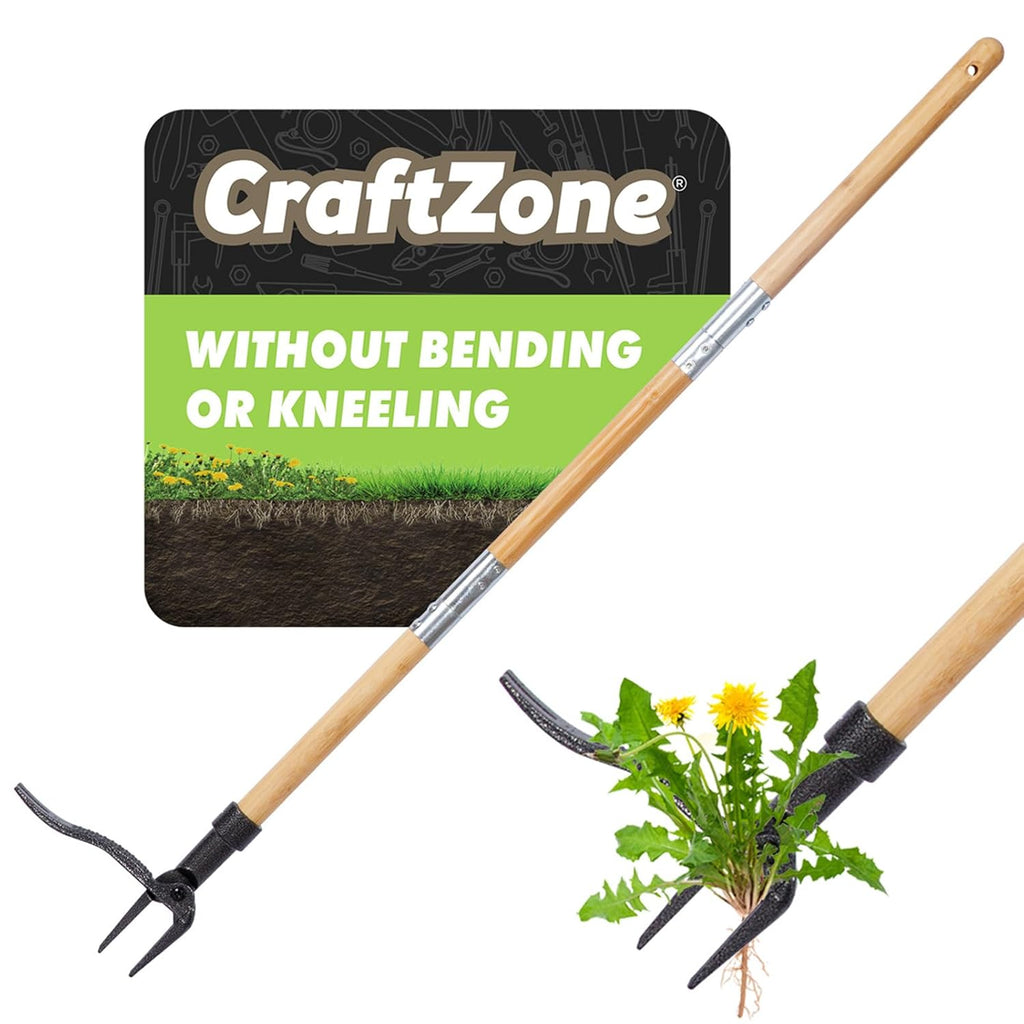 Skiennix Stand-Up Weed Puller Tool - 4-Claw Steel Head with Wooden Handle | Effortless Weeding Without Bending
