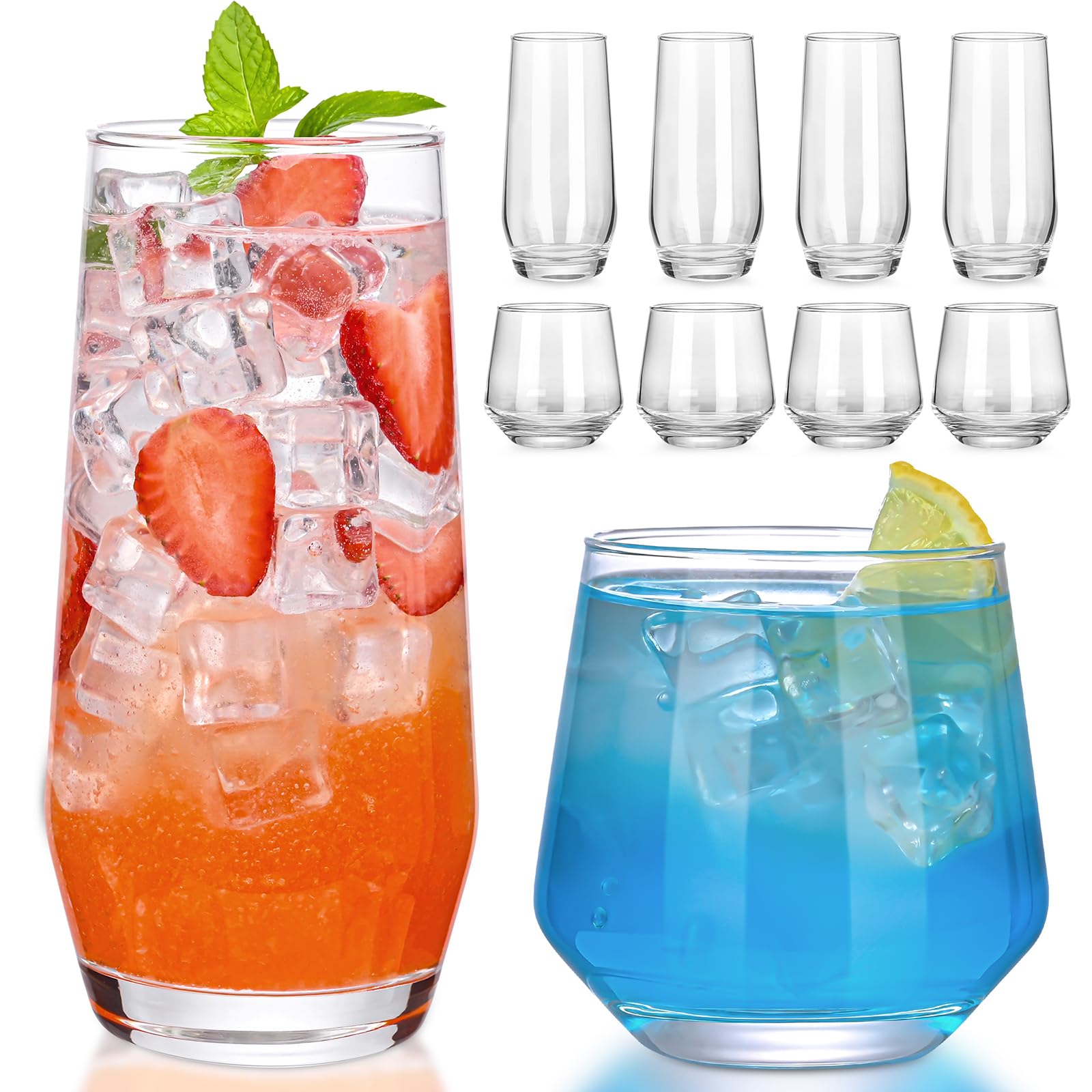 ZMOWIPDL Drinking Glasses Set of 8,Clear 13 oz & 18oz Crystal Glass Cups,Drinkware Glassware,Highball Water Tumbler,Short Stemless Wine Glasses，for Beer,Cocktail,Whiskey,Juice and Various Mixed Drinks