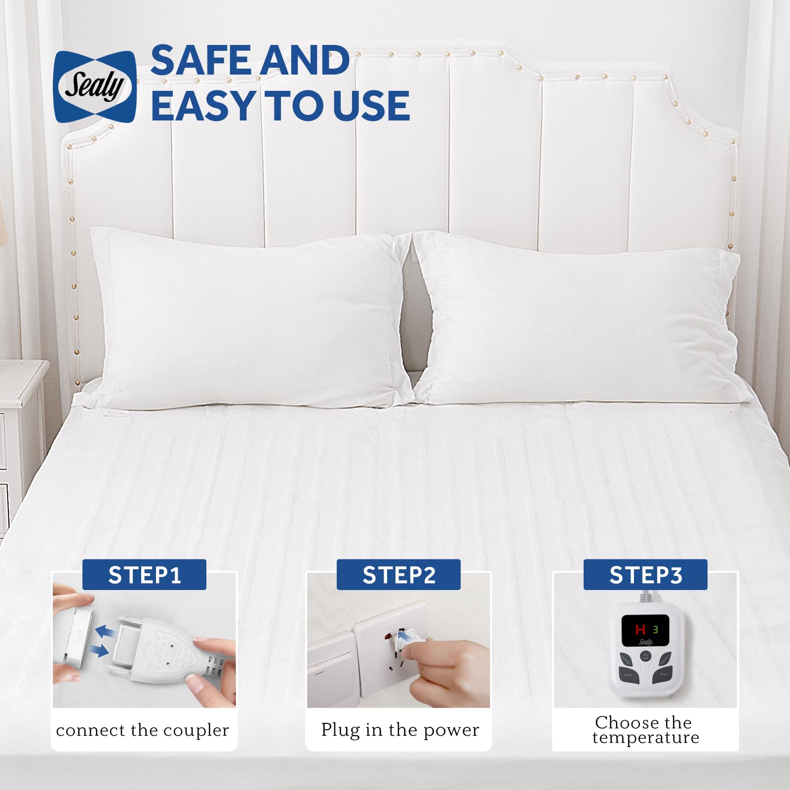 Sealy Heated Mattress Pad King Size 78x80 Inch with Dual Control 10 Heated Settings | Zone Heating Electric Mattress Pad | Auto Shut Off 1-9 Hours| Fit Up to 17" Deep Pocket | Machine Washable