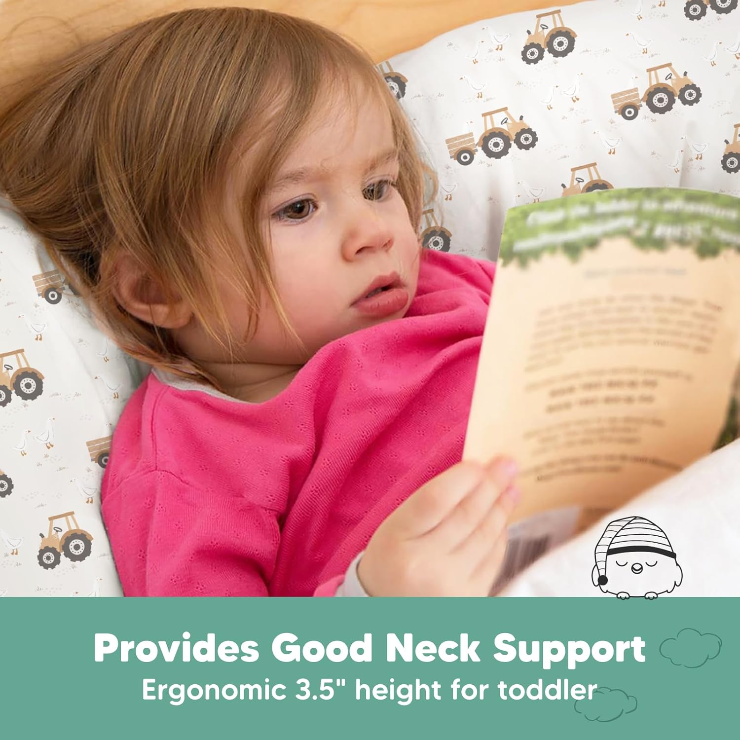My Little Dreamy Toddler Pillow - Organic Cotton 13x18 Travel Bed Pillow, Soft & Breathable for Ages 2-5 (Tractor)