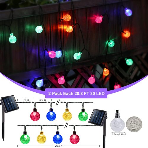 JMEXSUSS Solar String Lights - 2 Pack Crystal Globe Design | 41.6FT, 60 LED, Waterproof, 8 Modes for Outdoor Decor