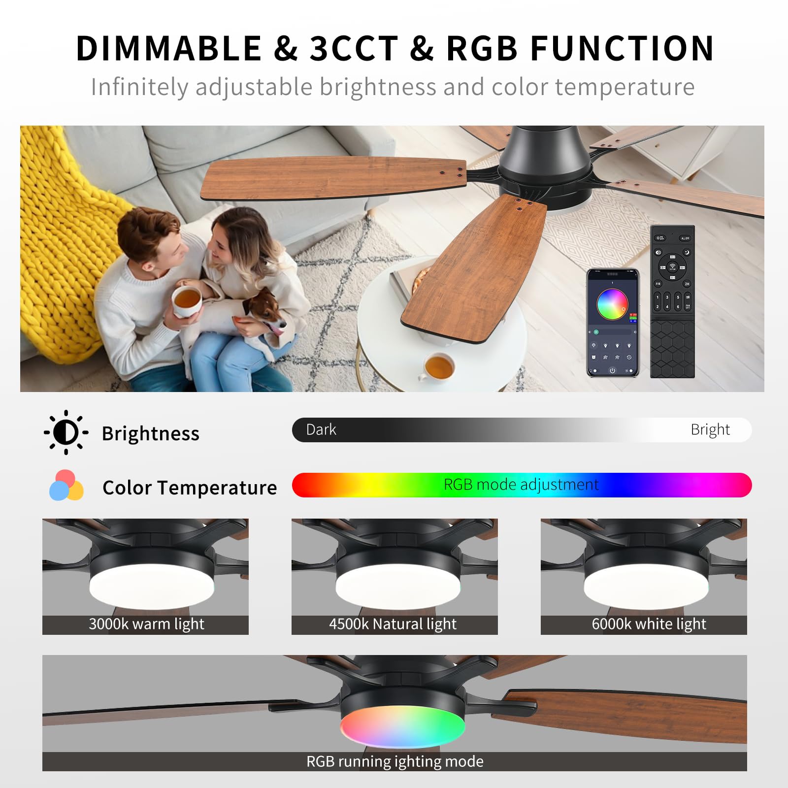 FUMLTP Ceiling fans with Lights, 54 In RGB Low Profile Indoor Ceiling fan with Light and Remote/App Control, Dimmable, Flush Mount, DC Reversible Motor, Noiseless Modern Ceiling Fan For Bedroom（Brown）