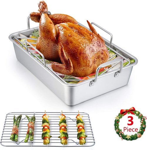 E-far Stainless Steel Roasting Pan - 14 x 10.6 Inch Turkey Roaster with V Rack & Baking Rack | Dishwasher Safe