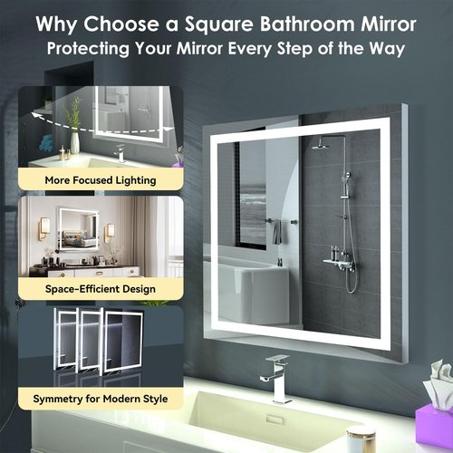 LED Lighted Bathroom Mirror with Anti-Fog, Square Wall Mounted Vanity Mirror with Smart Touch Button, Memory Function, Adjustable Warm White/Natural/Daylight Lights(24x24 inches)