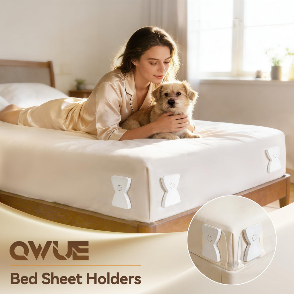 QWUE Bed Sheet Holders for Corners, Upgrade Dual-side Locks Keep Firm & Tight, Lock Sheets Holders, Non-slip Sheets Grippers, Heavy Duty Bed Sheet Clips Fits All Mattress Sizes Easy Install