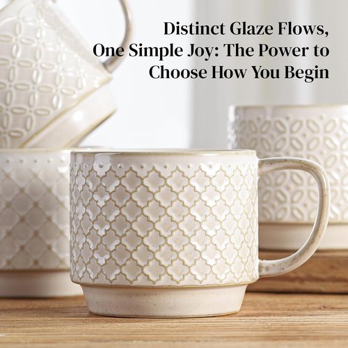 DOWAN 12oz Ceramic Coffee Mugs Set of 4 - Stackable, Microwave Safe with Large Handle for Home & Office