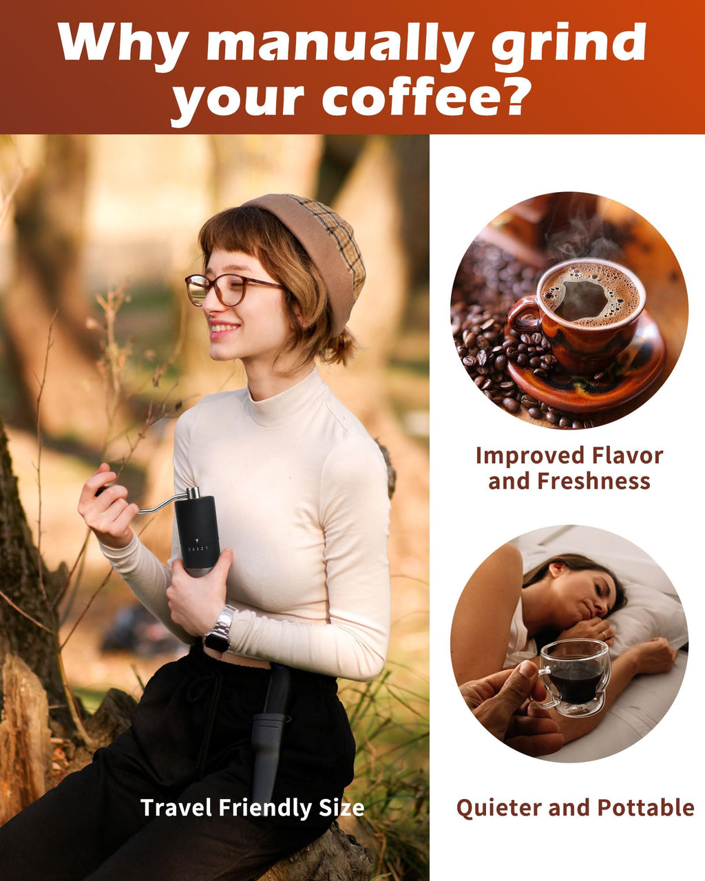 Manual Coffee Grinder With Ceramics Burr For Espresso,French Press,5 Adjustable Settings,Hand Maker with Built-In Burr,For Home Use and Camping Travel,Coffee Bean Grinders With Hand Crank (Black)