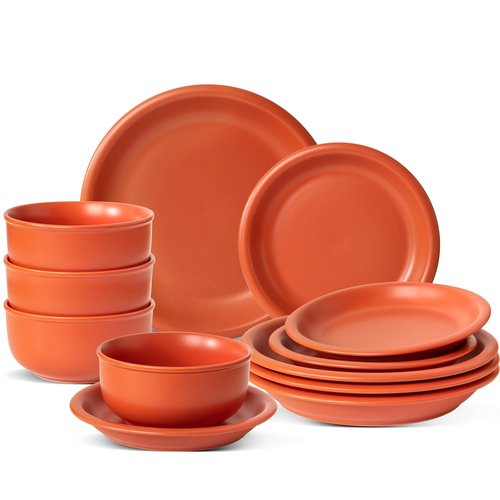 Ruxmirae Timeworn Clay Dinnerware Set, 12 Pieces Stoneware Sets for 4, Hand-Finished Glaze Farmhouse Plates and Bowls, Microwave and Dishwasher Safe, Terracotta Red