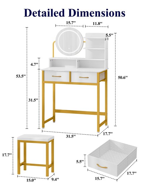 Kitsure Vanity Desk with Mirror and Lights - 3 Mode Lighted Makeup Vanity for Girls, Anti-Tipping Small Vanity with Chair for Bedrooms, Dressing Rooms, Walk-in Closet, Gold, 31.5" x 17.7" x 50.6"