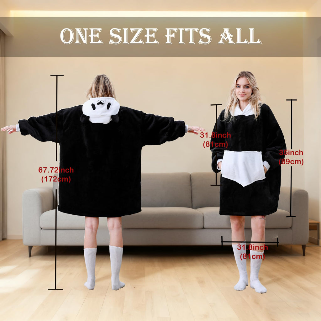 C hello cloud Oversized Hoodie Blanket, Wearable Blanket sweatshirt, Ultra Soft Sherpa Fleece Comfy Snuggle Hoodie, Comfy Snuggle Pullover for Women Men, Black White Panda