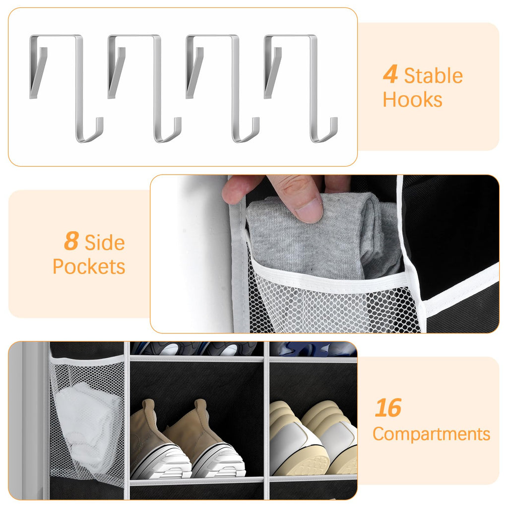 Yecaye 8 Tier Over the Door Shoe Organizer of Deep 16 Compartments, 50lbs Load Shoe Rack for Door in Oxford Holds 16-24 Pairs, Stain-Resistant Hanging Shoe Organizer for Closet, Black