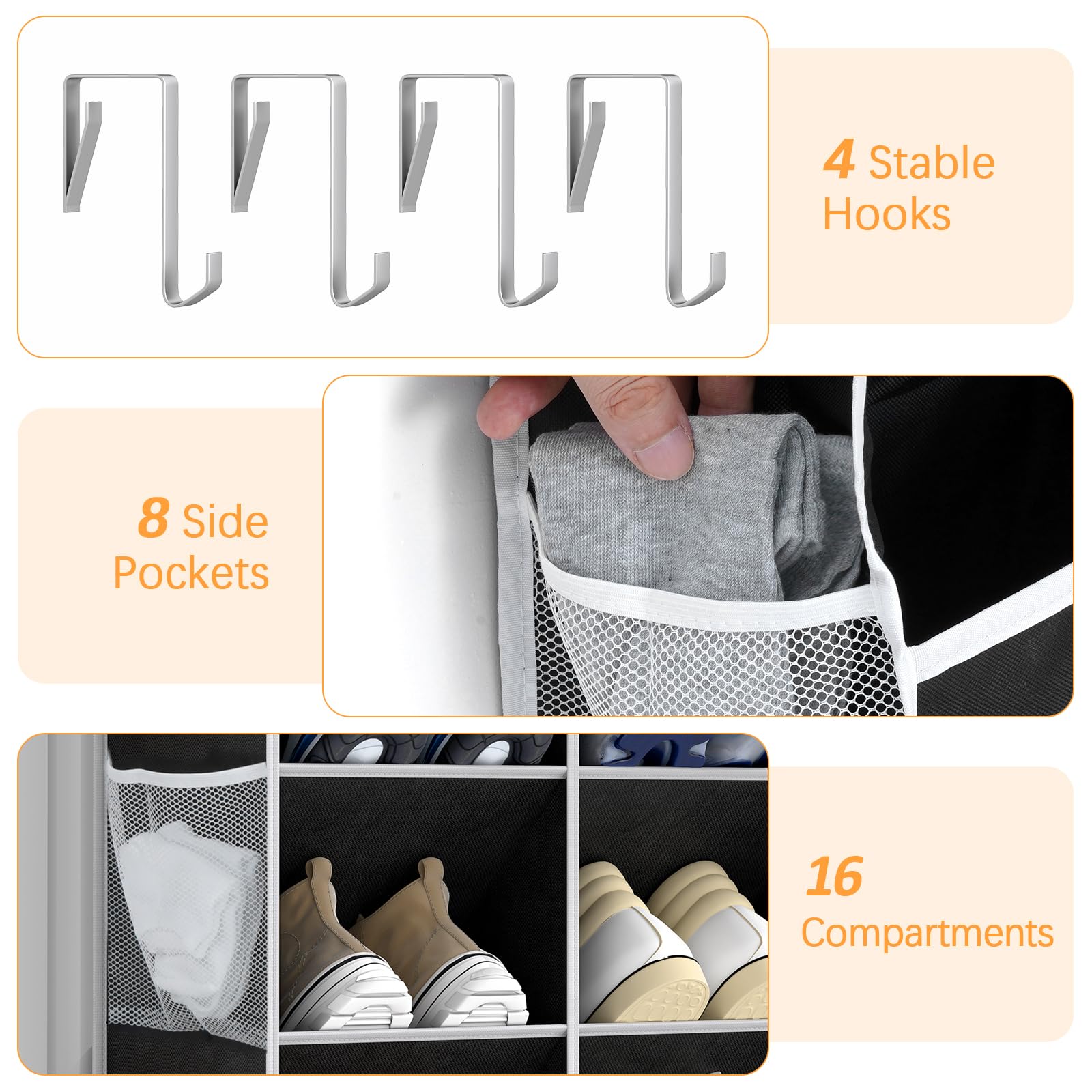 Yecaye 8 Tier Over the Door Shoe Organizer of Deep 16 Compartments, 50lbs Load Shoe Rack for Door in Oxford Holds 16-24 Pairs, Stain-Resistant Hanging Shoe Organizer for Closet, Black