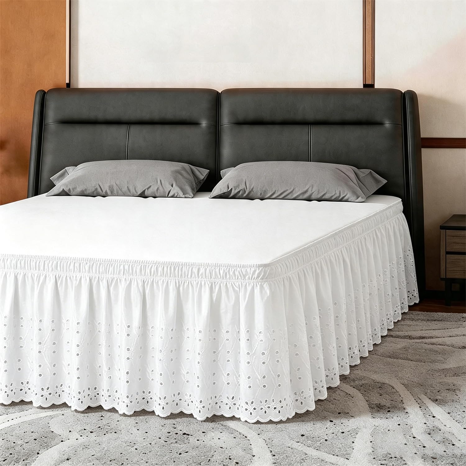 ANARACHON Queen Bed Skirt, Wrap-Around Elastic Ruffled Eyelet Bed Skirt Queen Size Dust Ruffle with Gathered Styling and Embroidered Details, 18" Drop Length (White)