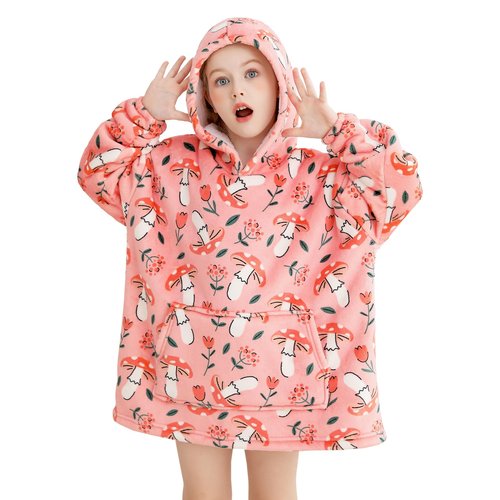 lasoftan Kids Wearable Blanket, Toddler Sherpa Sweatershirt Hoodie with Front Pocket, Comfy Warm Hugs, 2-6 Years Boys Girls Birthday Christmas Gifts (Pink Mushroom & Flower, 2-6 Years)