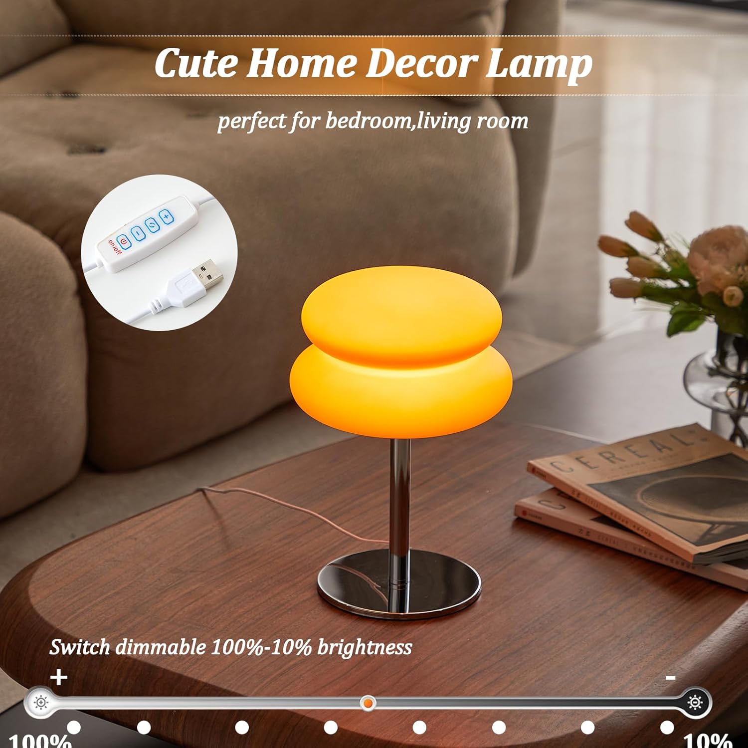 Skiennix Orange Mushroom Lamp - Dimmable Mid Century Modern Bedside Light | Cute Ambient Decor for Bedroom and Living Room