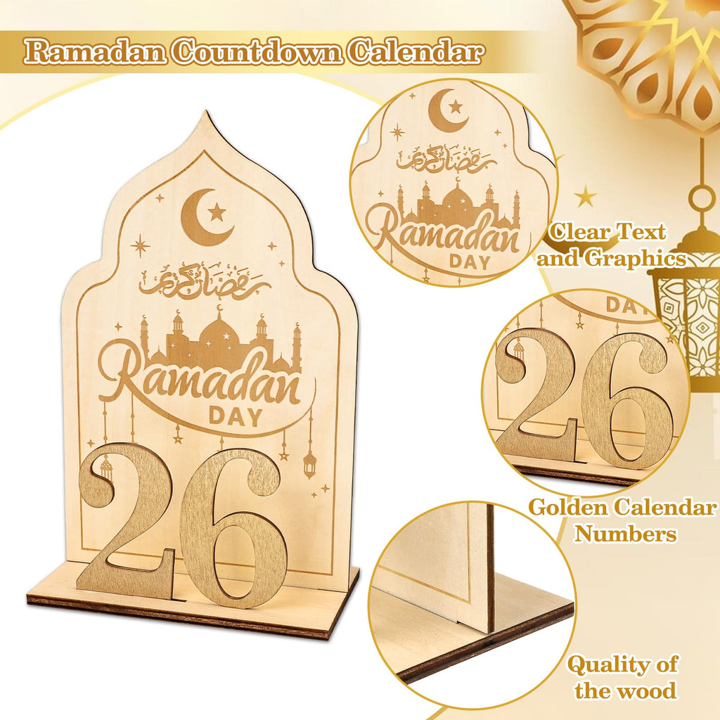 HOWAF Wooden Ramadan Advent Calendar, Ramadan Countdown Calendars with 30 Days Til Eid, Reusable Ramadan Decorations for Home, Islamic Eid Table Decorations for Gift, Moon & Mosque Design