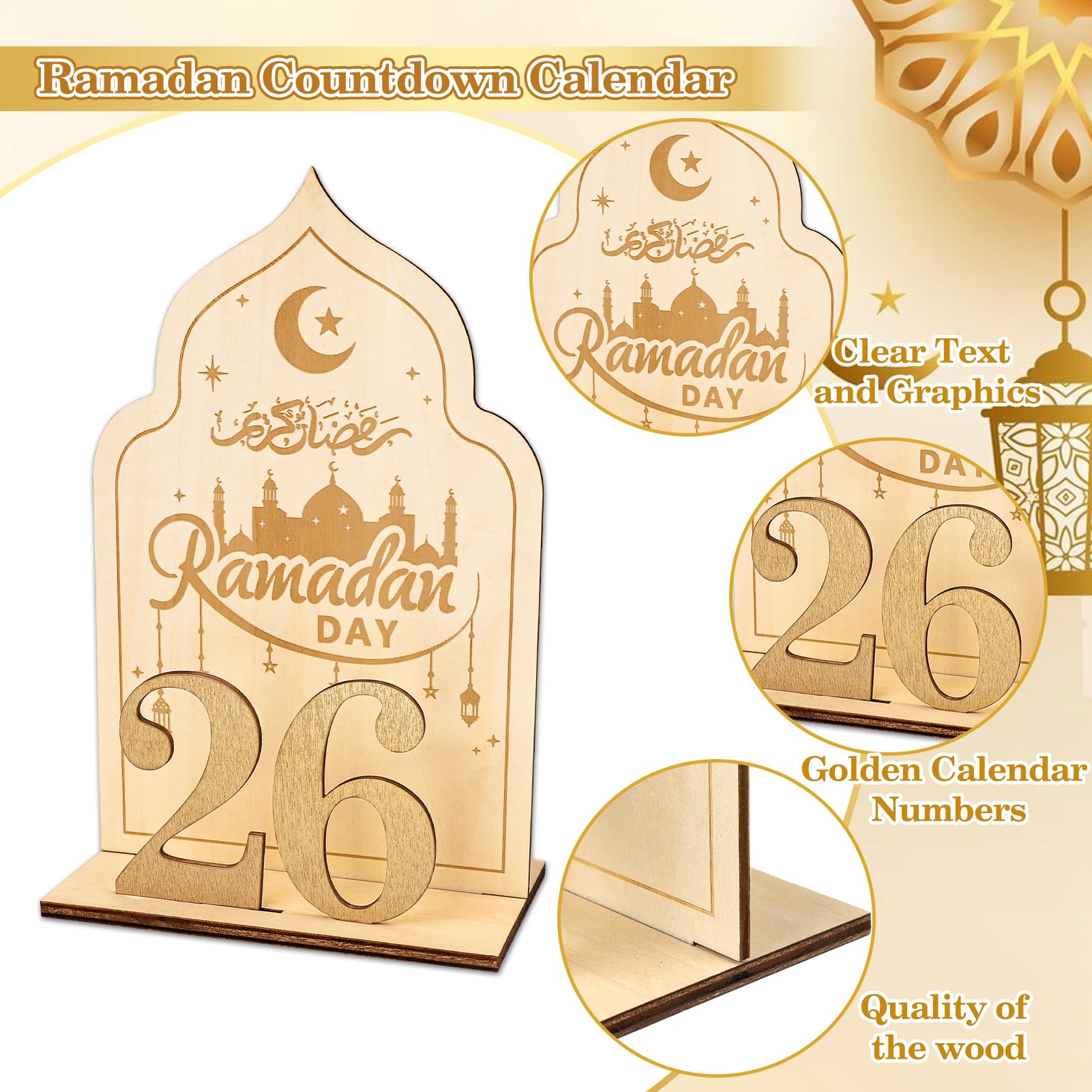 HOWAF Wooden Ramadan Advent Calendar, Ramadan Countdown Calendars with 30 Days Til Eid, Reusable Ramadan Decorations for Home, Islamic Eid Table Decorations for Gift, Moon & Mosque Design