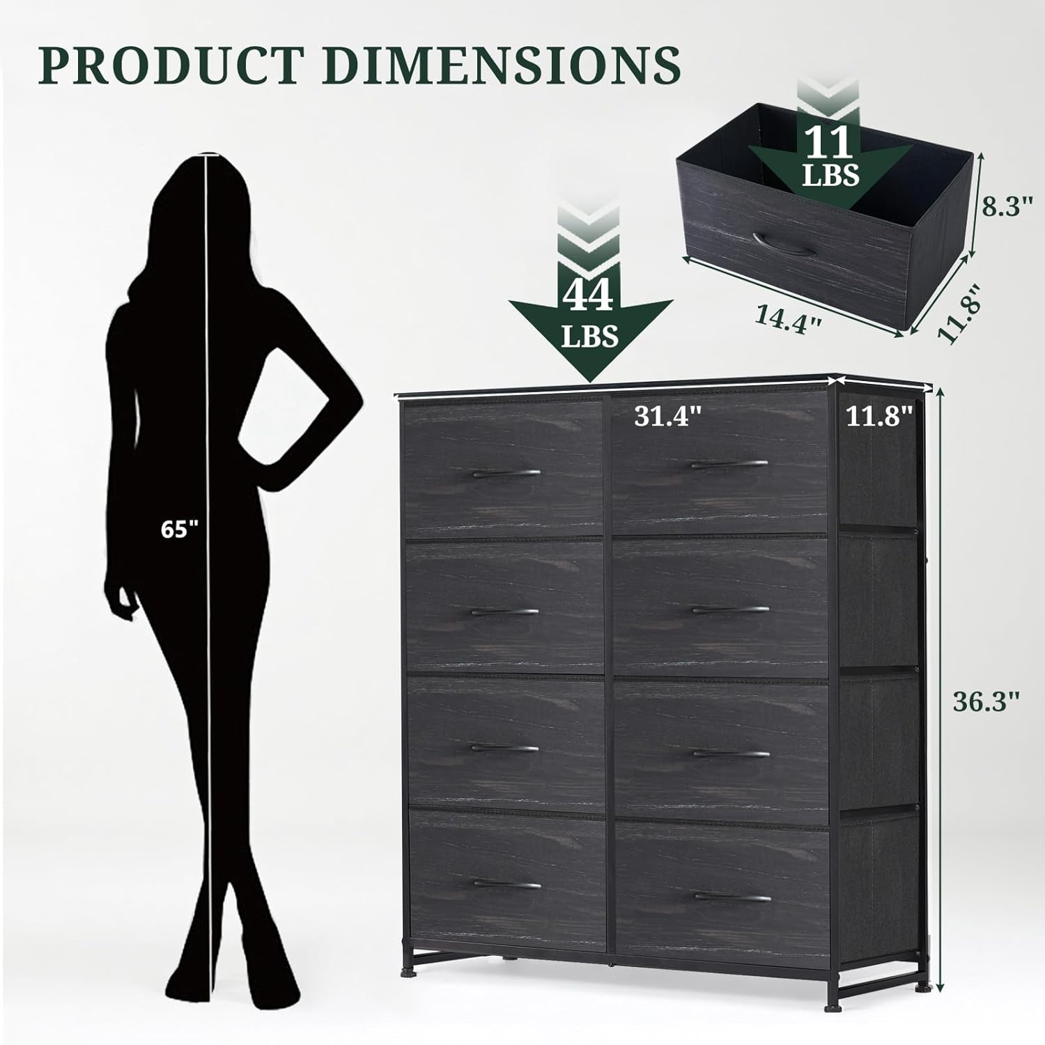 Regine Switzerland 8-Drawer Dresser - Anti-Tip Tall Storage Organizer with Wooden Top & Metal Frame | Charcoal Black