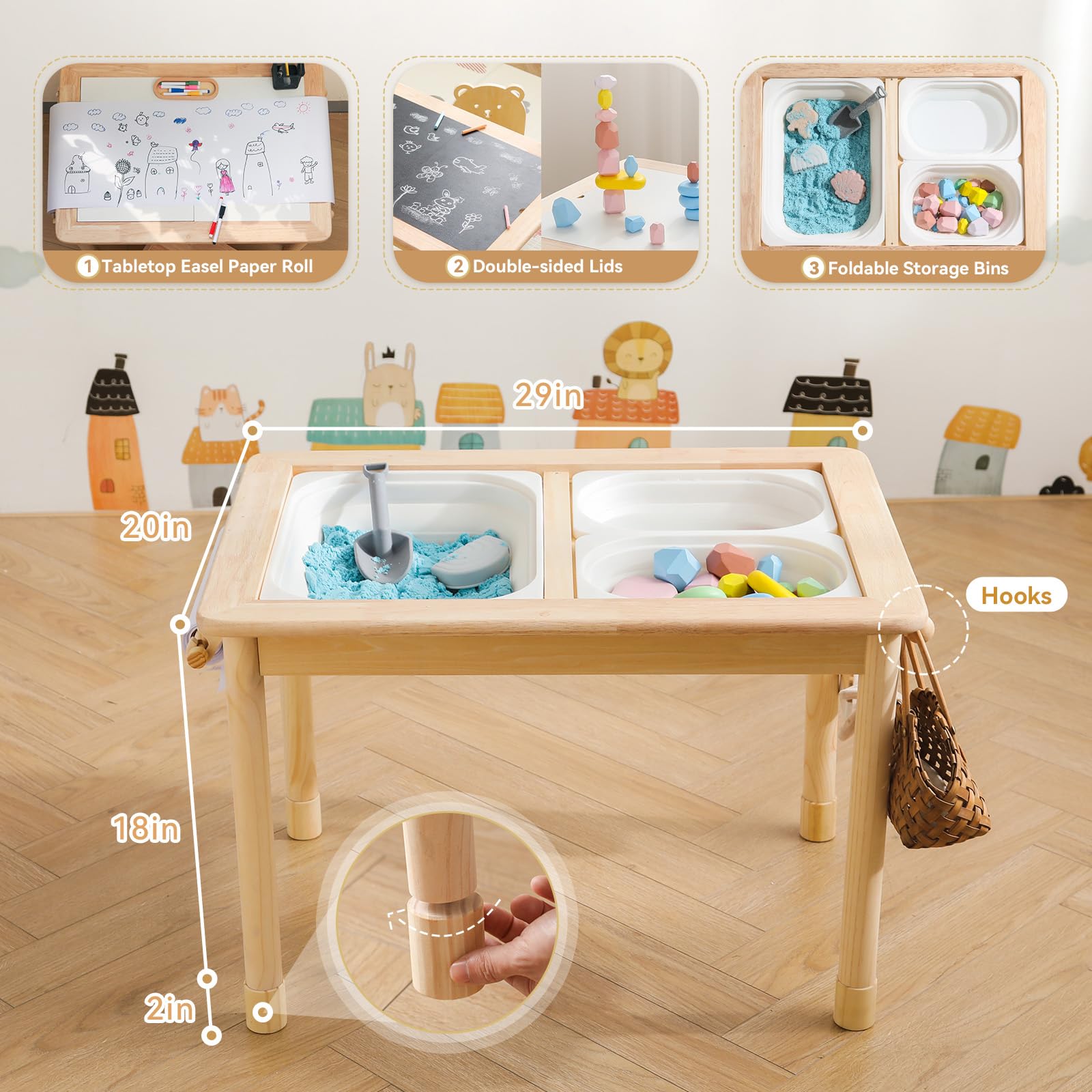 IEATFO Rubber Wood Montessori Sensory Table - 3 Foldable Storage Bins, Reinforced Frame, Height Adjustable Children's Table - Multifunctional Kids Activity Table Promotes Sensory Experiences & Growth
