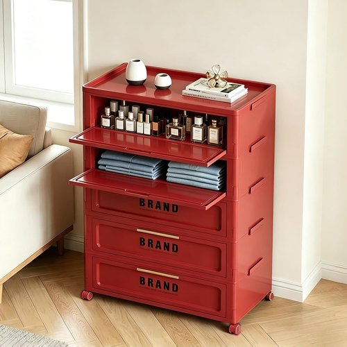 300QT Foldable Storage Cabinet - 5-Tier Organizer with Magnetic Door & Wheels | Space-Saving Red Unit for Dorm, Apartment, Office