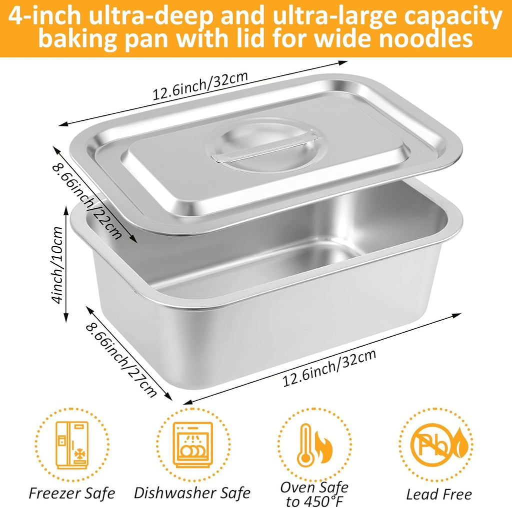 Skiennix 4-Inch Extra Deep Lasagna Baking Pan - 304 Stainless Steel with Lid, 8.7x12.6 Inch, Silver