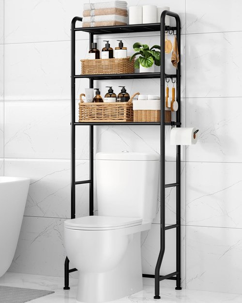 Kitsure Over Toilet Storage Rack - Metal Bathroom Organizer Shelf with Paper Holder & Hooks | Black, 3 Tiers (63.2" H)
