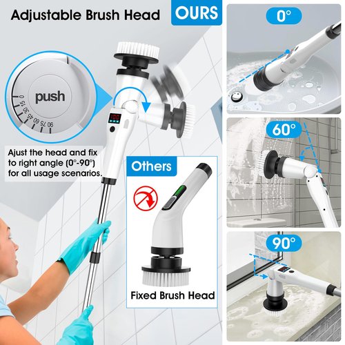 Electric Spin Scrubber, Shower Scrubber with Long Handle, Rechargeable Cordless Power Scrubber, Retractable & Adjustable Angle Spin Brush for Cleaning Bathroom/Tub/Floor/Tile (Black-White)