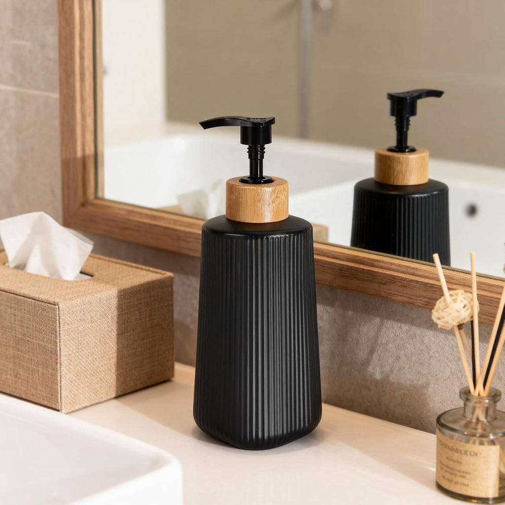Skiennix Glass Soap Dispenser - Thickened 12oz Hand Soap Bottle for Bathroom & Kitchen | Modern Black Design