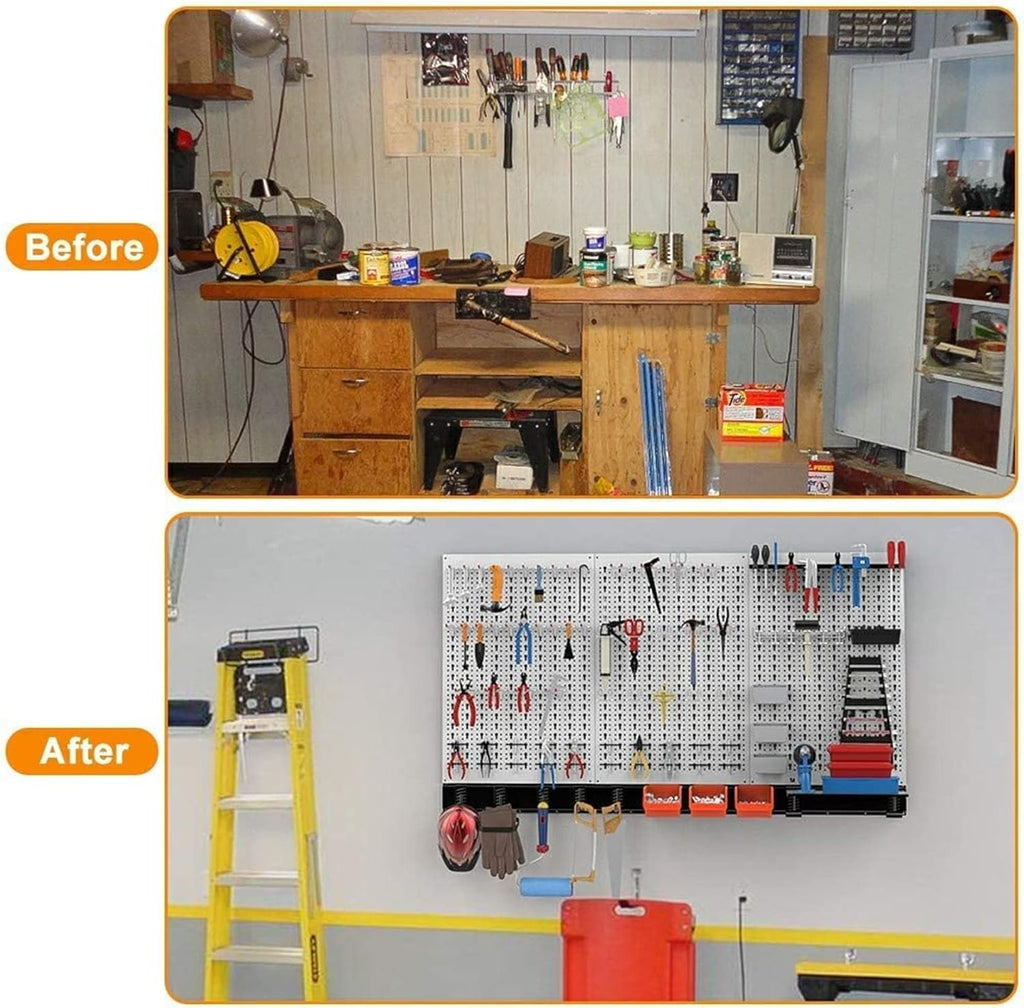 TORACK 109 PCS Pegboard Wall Organizer - 4 ft Metal Tool Storage Kit with Hooks & Bins