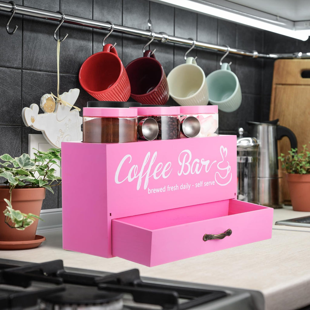 Skybooly 3 Pcs Coffee Bar Containers Set Include Coffee Sugar Container with Lid and Spoon and Double Layer Storage Box with Drawer for Bar Kitchen Countertop (Pink)