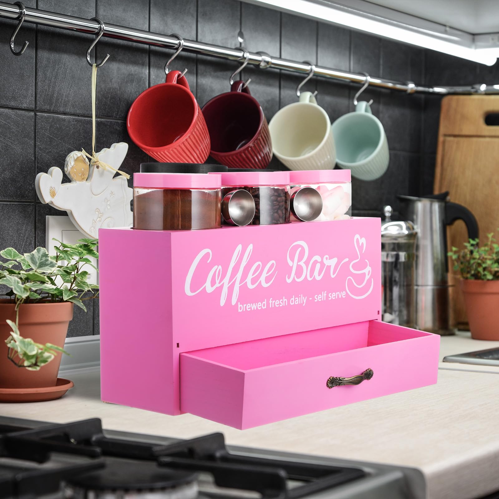 Skybooly 3 Pcs Coffee Bar Containers Set Include Coffee Sugar Container with Lid and Spoon and Double Layer Storage Box with Drawer for Bar Kitchen Countertop (Pink)