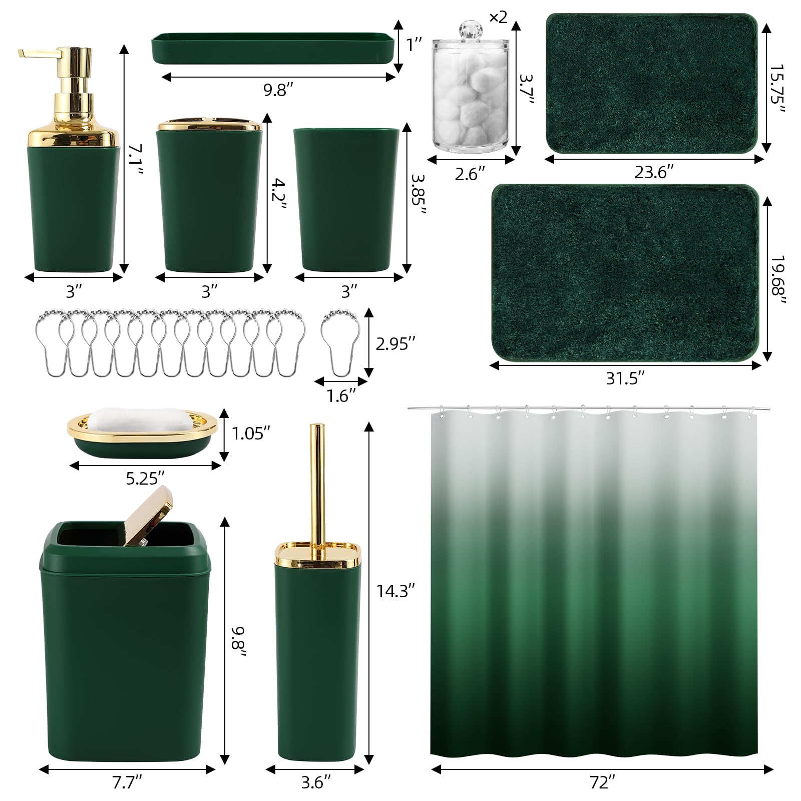 XLHOMO Bathroom Set - Dark Green Bathroom Sets with Shower Curtain and Rugs, 24PCS Shower Curtain Set with Hooks, Soap Dispenser, Soap Dish, Toilet Brush Holder and Trash Can for Housewarming