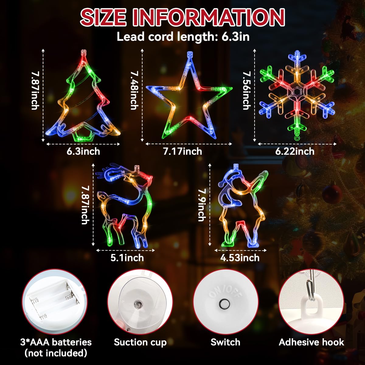 5Pcs Christmas Window Lights, Battery Powered Twinkle Lights Christmas Decorations Indoor Outdoor for Wall Door Porch Balcony Glass Decor with Suction Cup & Timer