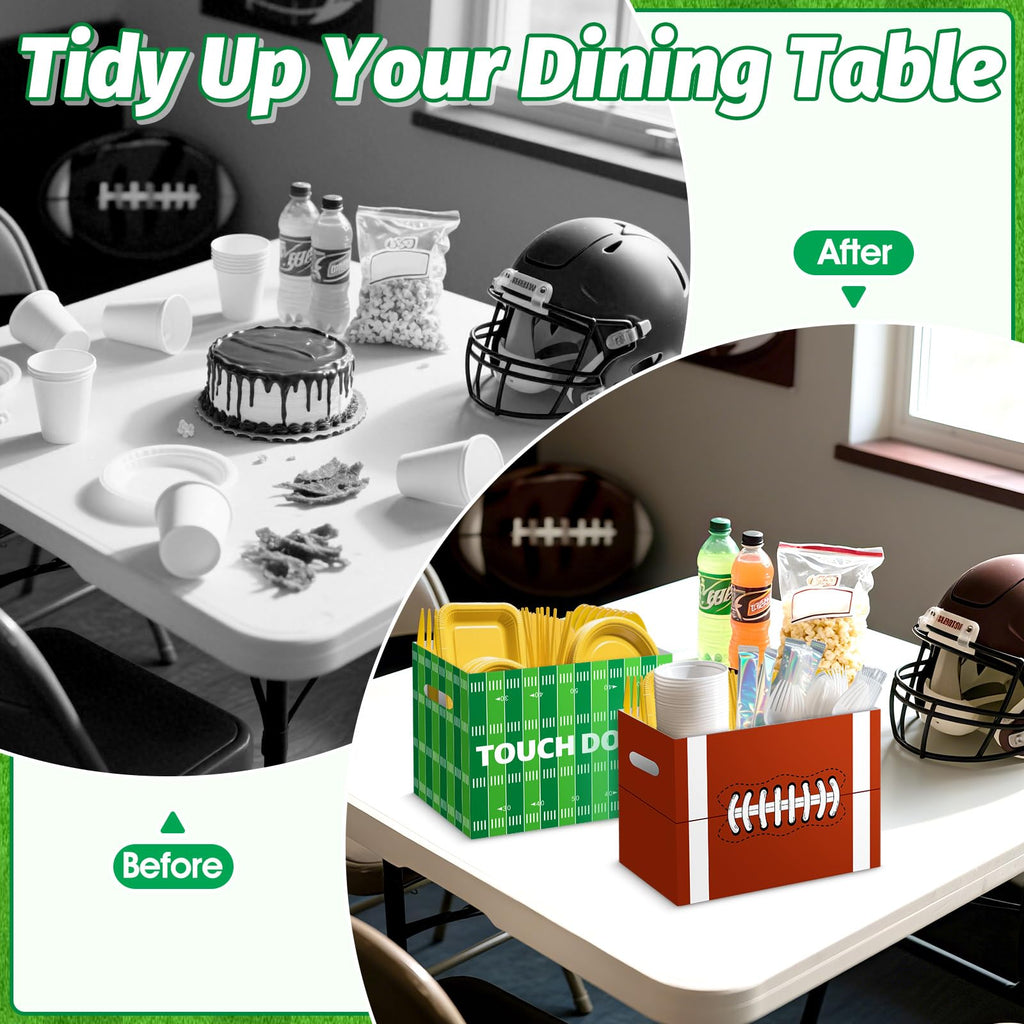 2PCS Football Utensil Holder Paper Utensil Caddy for Football Party Supplies Cutlery Holder with Handles Green Brown Party Favors Snack Box Disposable Cutlery Caddy for Sports Birthday Decorations