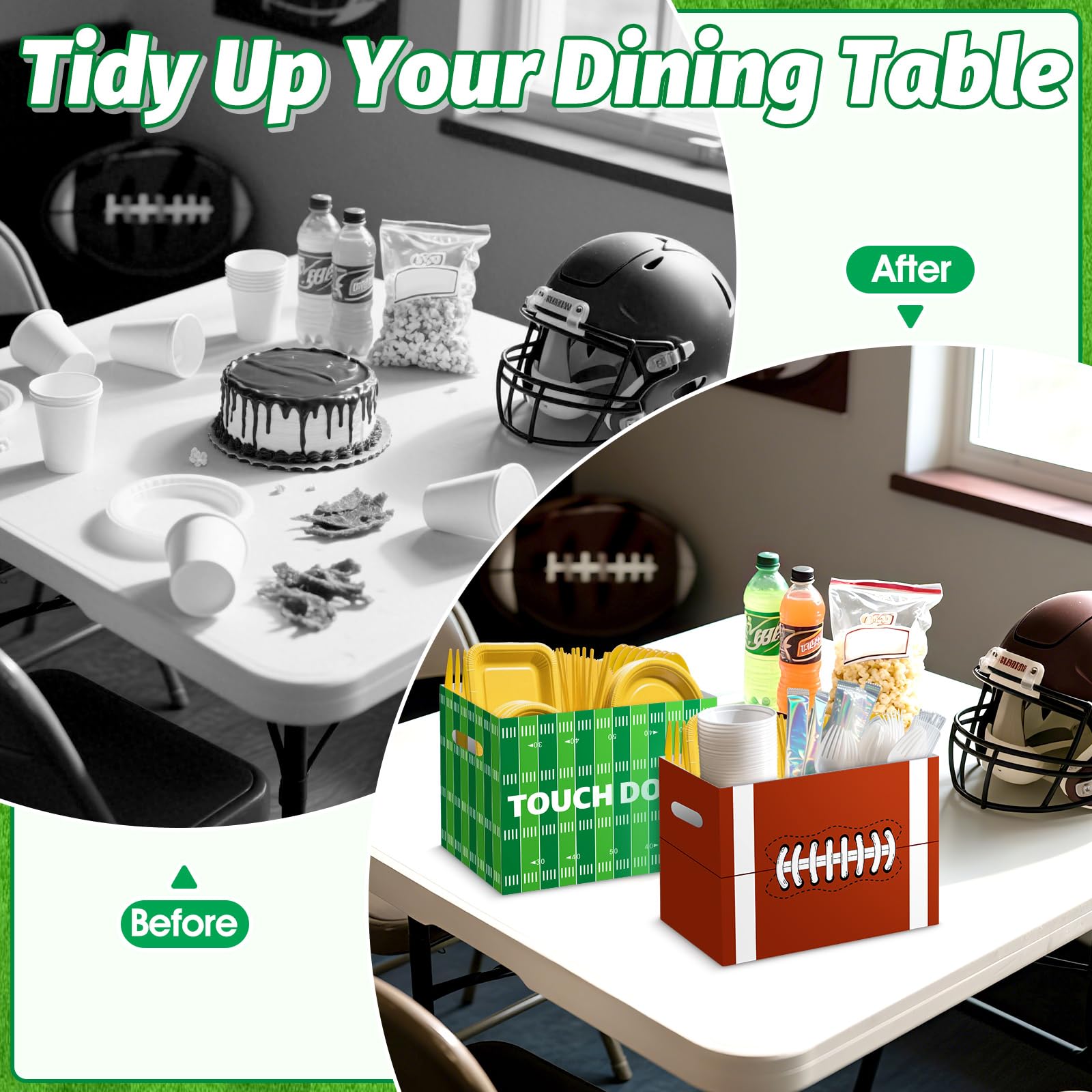 2PCS Football Utensil Holder Paper Utensil Caddy for Football Party Supplies Cutlery Holder with Handles Green Brown Party Favors Snack Box Disposable Cutlery Caddy for Sports Birthday Decorations