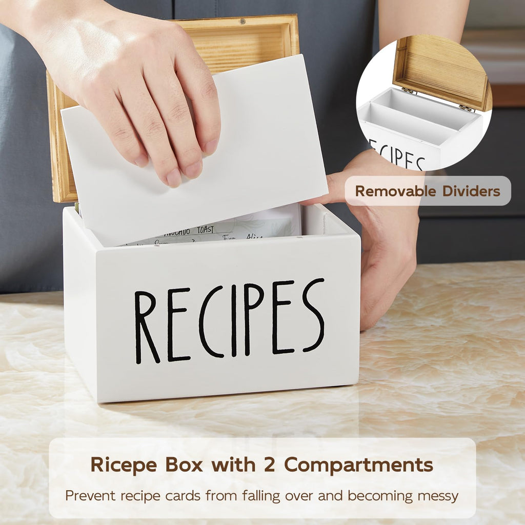 BWODYAY Recipe Box, Wood Recipe Card Box Set, Recipe Box with 100 Cards and 6 Dividers,4x6 Recipe Organizer, Recipe Card Holder, White