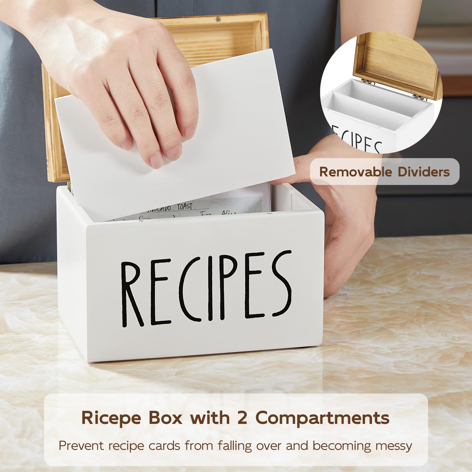 BWODYAY Recipe Box, Wood Recipe Card Box Set, Recipe Box with 100 Cards and 6 Dividers,4x6 Recipe Organizer, Recipe Card Holder, White
