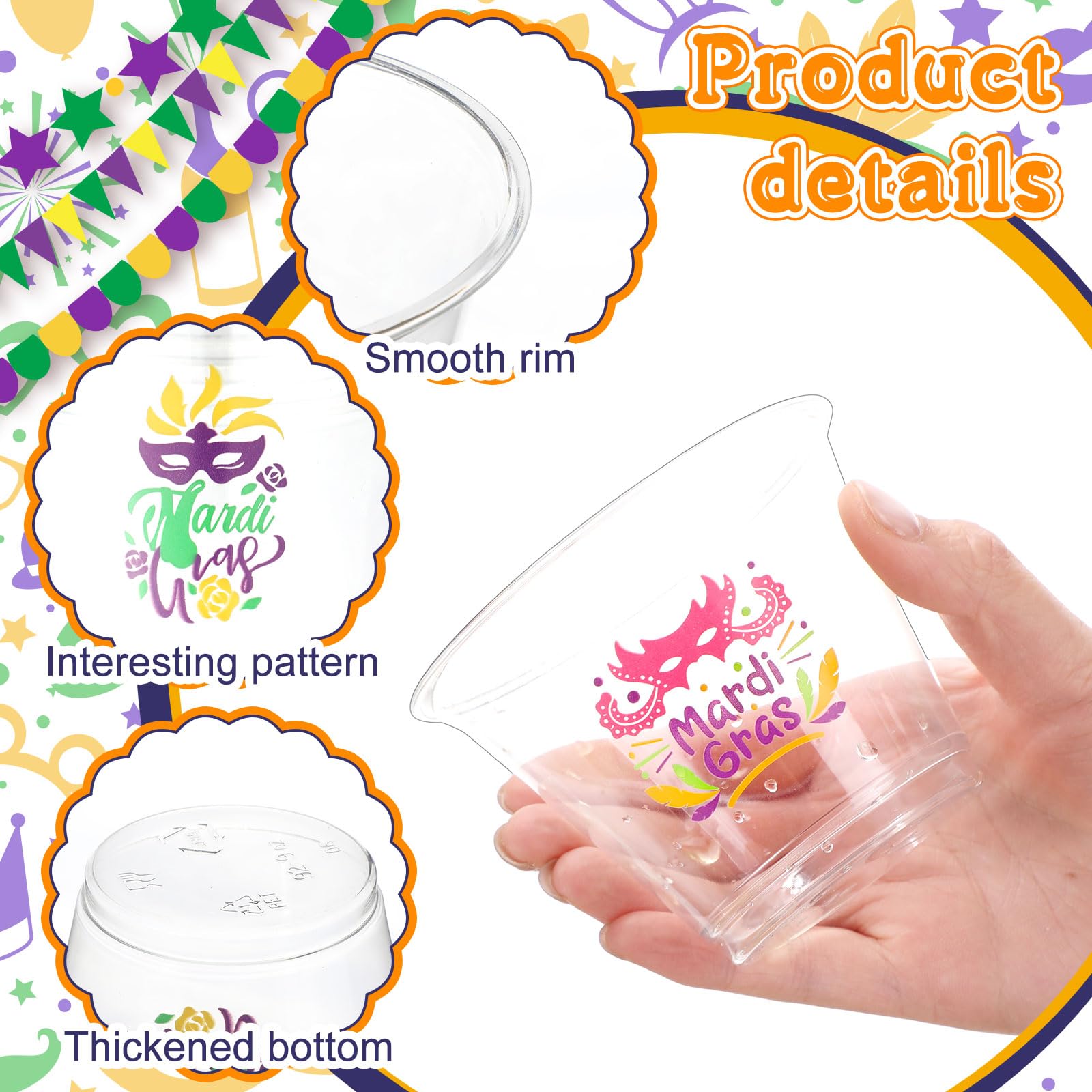 Uiifan 100 Pcs Mardi Gras Cups Bulk 9oz Disposable Plastic Mardi Gras Drinking Cups Carnival Clear Cups Mardi Gras Carnival Party Supplies Suitable for Wine Coffee Tea Juice Soda Beer Beverages