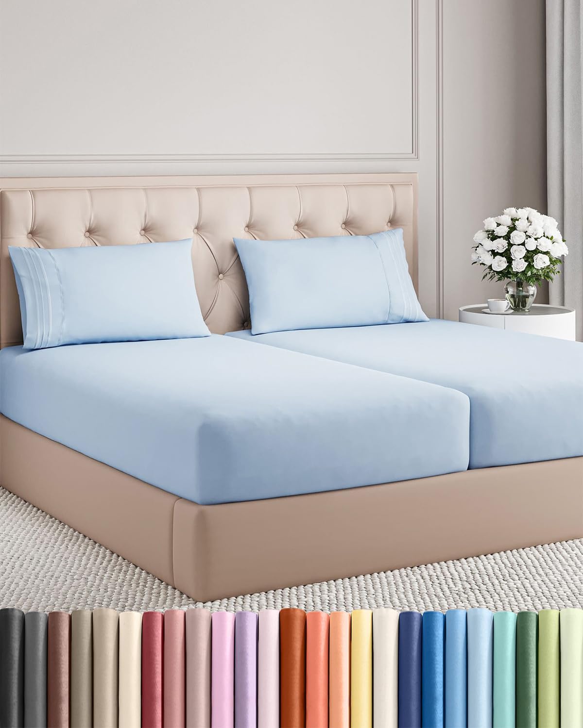 Split King Size 5-Piece Sheet Set | Comfy Cooling Bed Sheets - Luxury Hotel Quality - Deep Pockets, Soft, Wrinkle-Free - Oeko-Tex Certified - Sky Blue