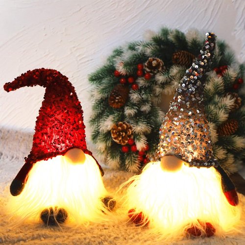 Juegoal 12" Lighted Christmas Gnome - Handmade Scandinavian Tomte with Sequins Hat | Battery Operated Holiday Decor (Set of 2)