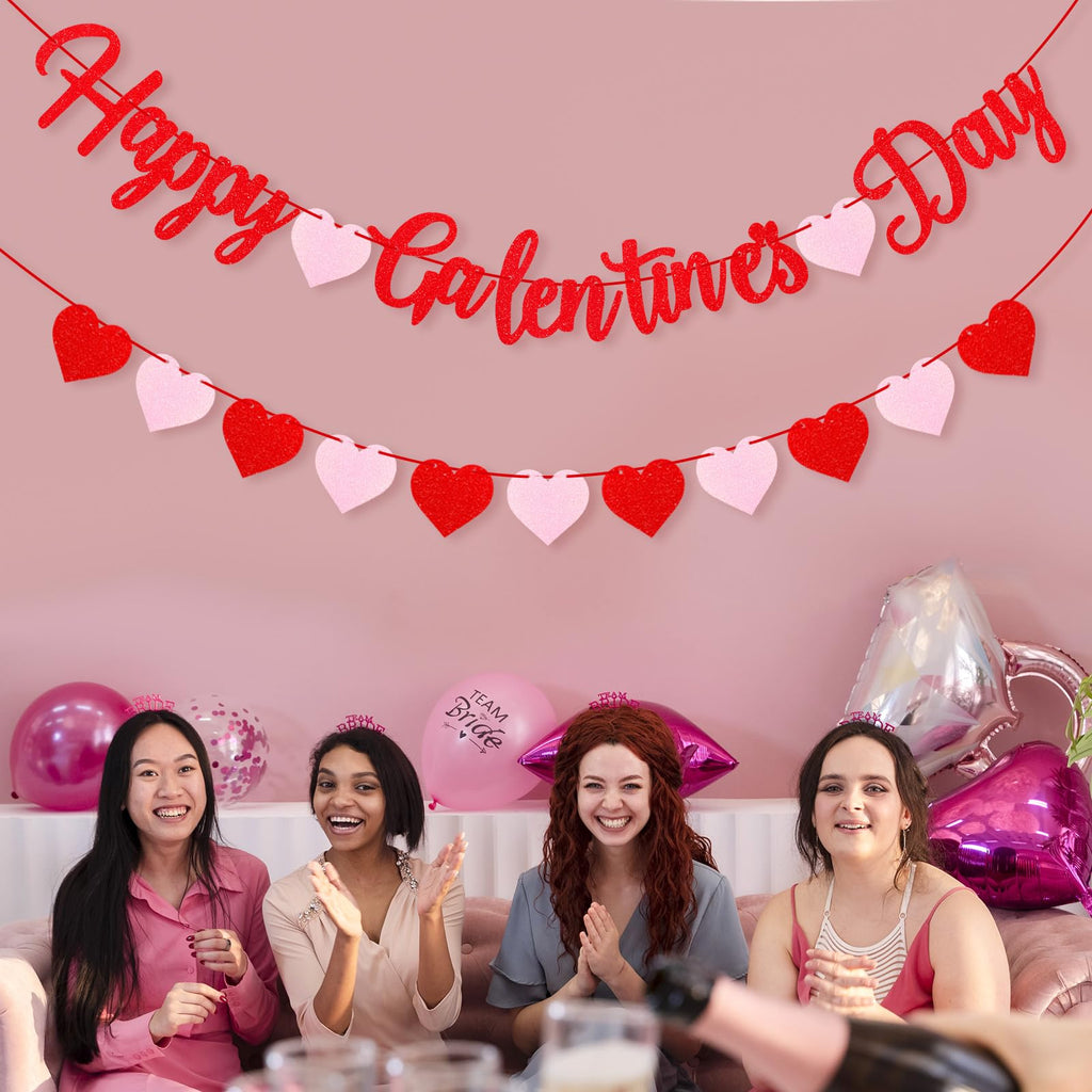 Red Glitter Happy Galentine's Day Banner Happy Galentines Day Decorations With Felt Heart Garland Banner Galentines Day Sign for Ladies Girls Galentines Decor Galentines Day Party Supplies Photo Props